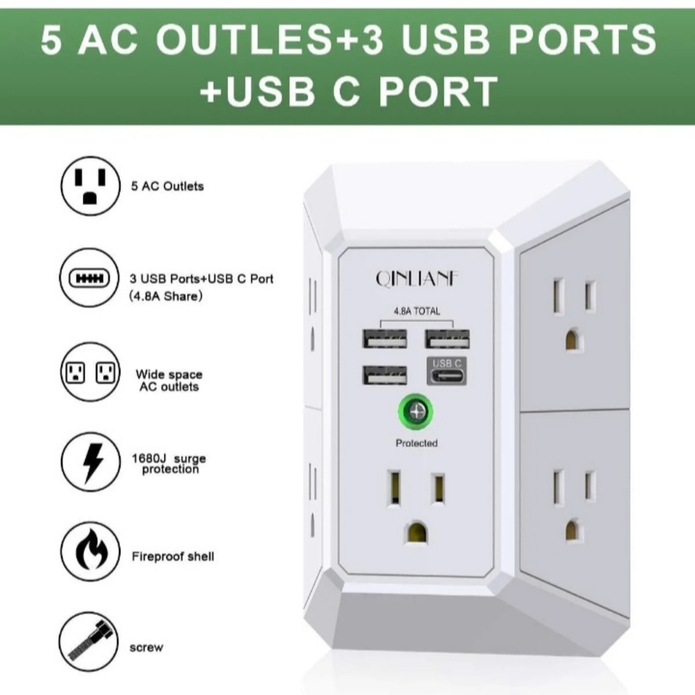 USB wall charger, Surge protector, 5 outlet extender with 4 USB charging…